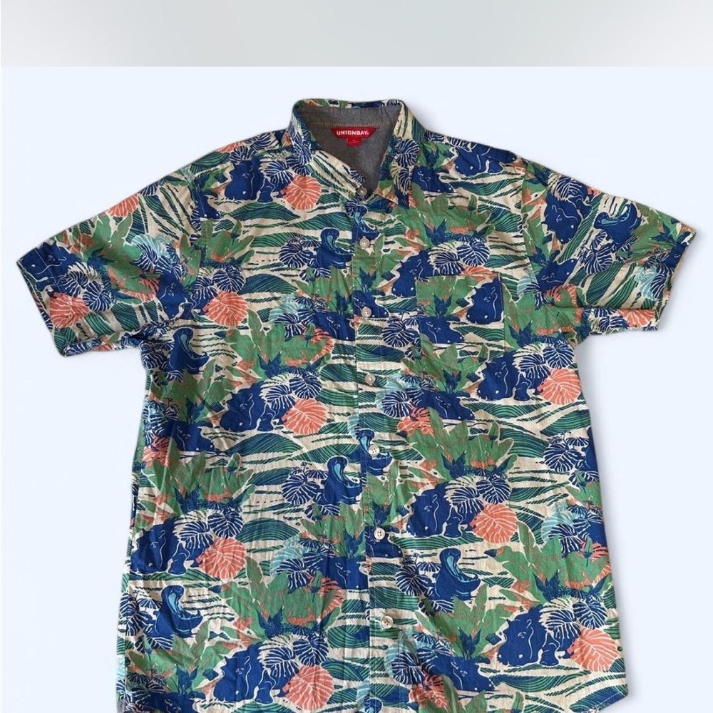 Blue and Green Casual Button Down Shirt with Tropical Print